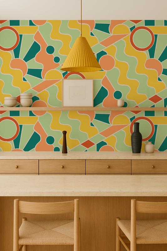 Day Trippin' Wallpaper Mint, Blue, Yellow and Peach - - Wallpaper