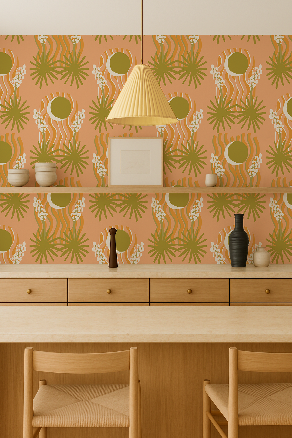 Yucca Moon Wallpaper, peach and green- Samantha Santana Creative- {{Product type}}
