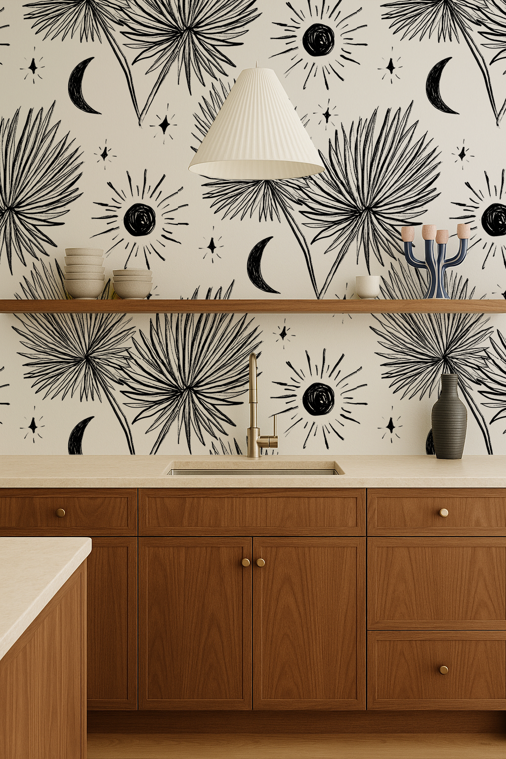 Night Palm Wallpaper, white and black- Samantha Santana Creative- {{Product type}}