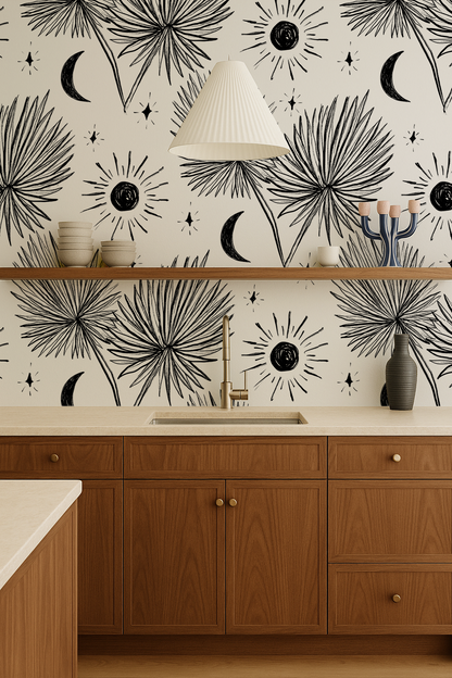 Night Palm Wallpaper, white and black- Samantha Santana Creative- {{Product type}}