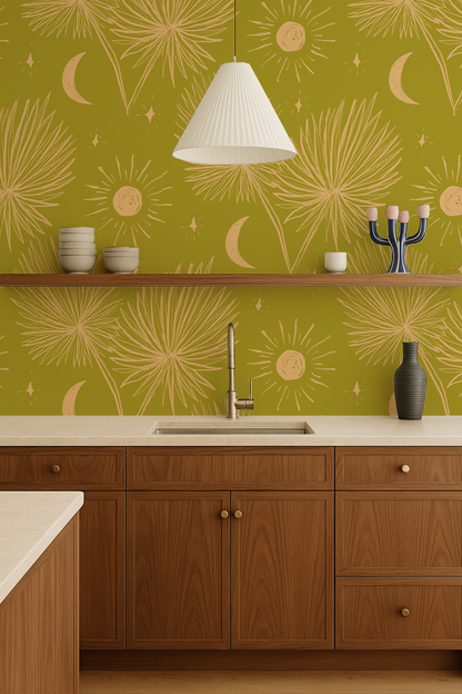 Night Palm Wallpaper, chartreuse and peach- Samantha Santana Creative- {{Product type}}