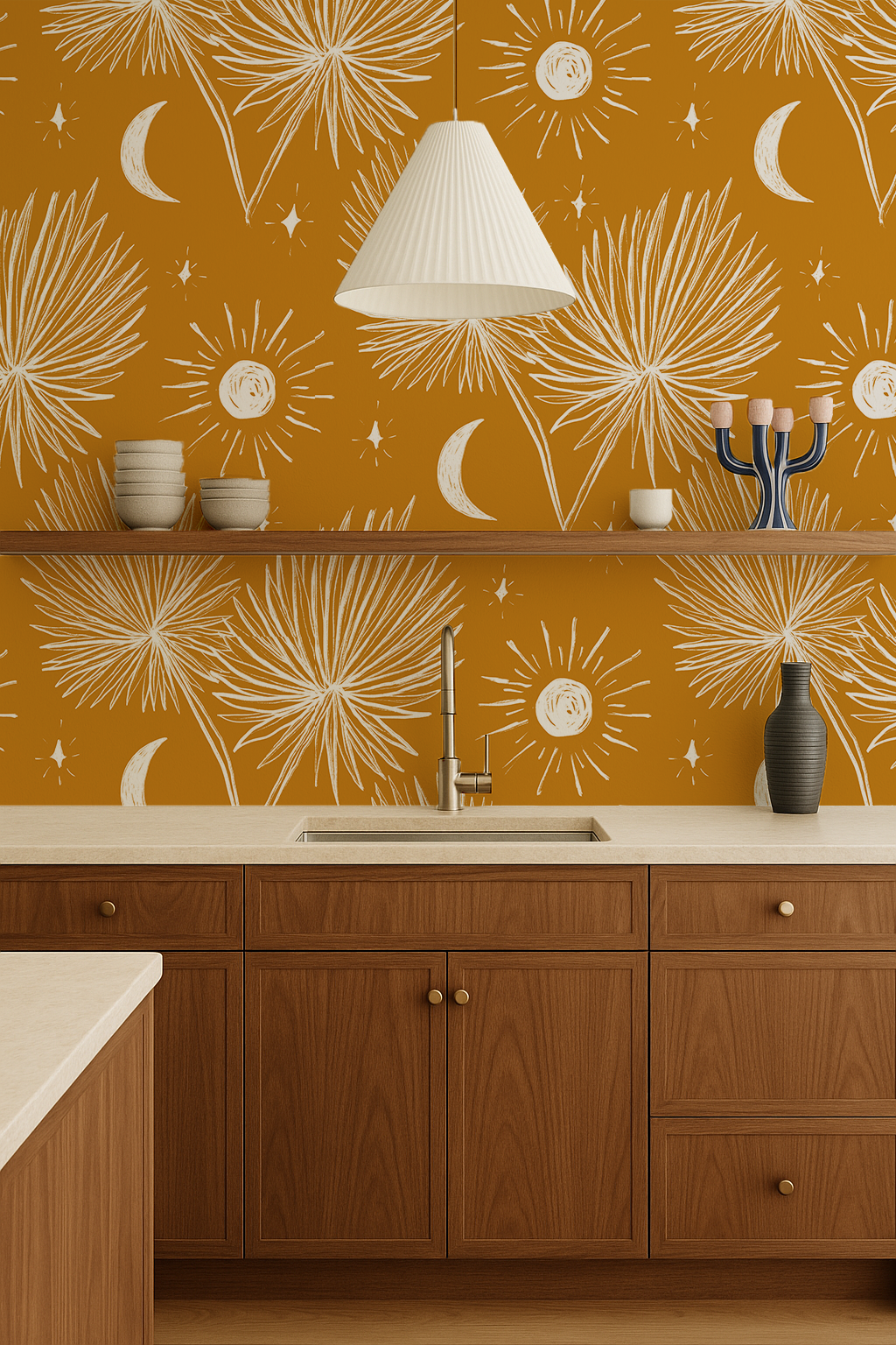 Night Palm Wallpaper, marigold and white- Samantha Santana Creative- {{Product type}}