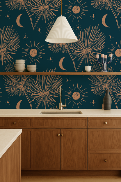 Night Palm Wallpaper, navy and terra cotta- Samantha Santana Creative- {{Product type}}
