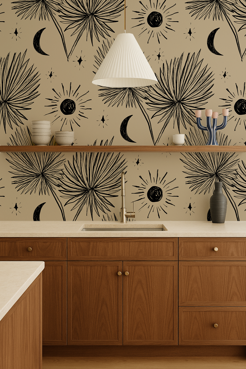 Night Palm Wallpaper, tan and black- Samantha Santana Creative- {{Product type}}