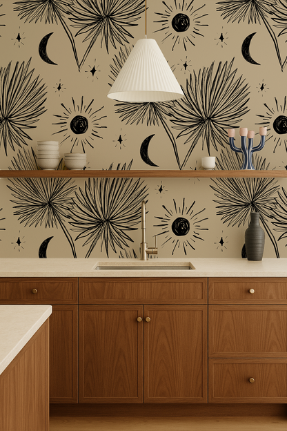 Night Palm Wallpaper, tan and black- Samantha Santana Creative- {{Product type}}