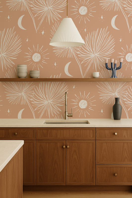 Night Palm Wallpaper Terra Cotta and White - - Wallpaper