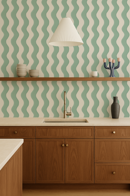 Ziggy Stripe Wallpaper, white and mint- Samantha Santana Creative- {{Product type}}