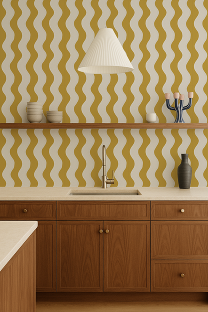 Ziggy Stripe Wallpaper, white and yellow- Samantha Santana Creative- {{Product type}}