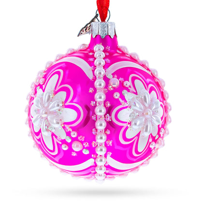 Jeweled Pearl Flowers on Pink Glass Ball Christmas Ornament 3.25 Inches - - Christmas Ornaments > Flowers