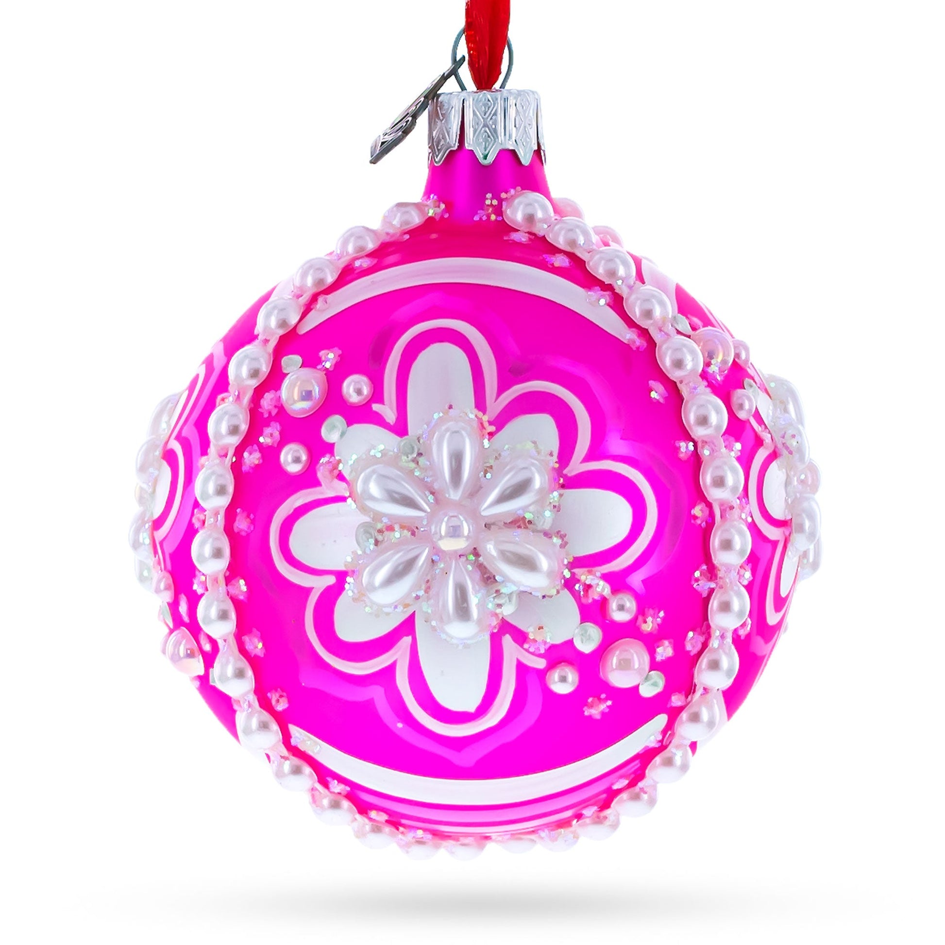 Jeweled Pearl Flowers on Pink Glass Ball Christmas Ornament 3.25 Inches - - Christmas Ornaments > Flowers