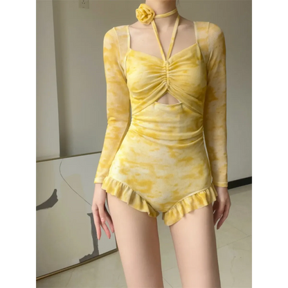 3D Floral Ruffle One-Piece – Korean Long Sleeve Beach Bodysuit - - Swimwear