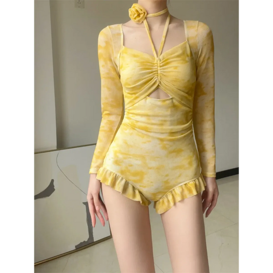 3D Floral Ruffle One-Piece – Korean Long Sleeve Beach Bodysuit - - Swimwear