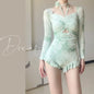 3D Floral Ruffle One-Piece – Korean Long Sleeve Beach Bodysuit - Light Green - Swimwear