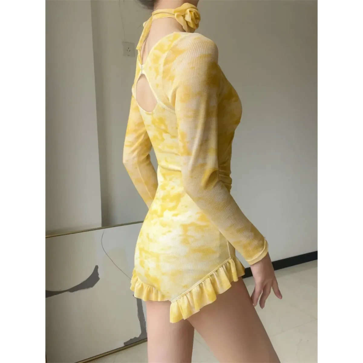 3D Floral Ruffle One-Piece – Korean Long Sleeve Beach Bodysuit - - Swimwear