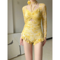 3D Floral Ruffle One-Piece – Korean Long Sleeve Beach Bodysuit - Yellow - Swimwear