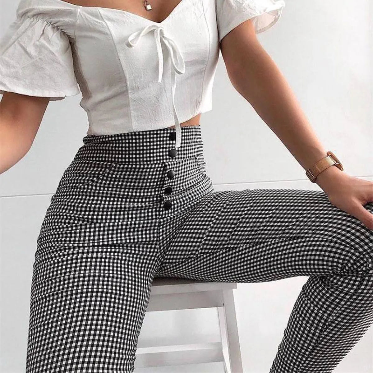 Korean Plaid Pants - Black -