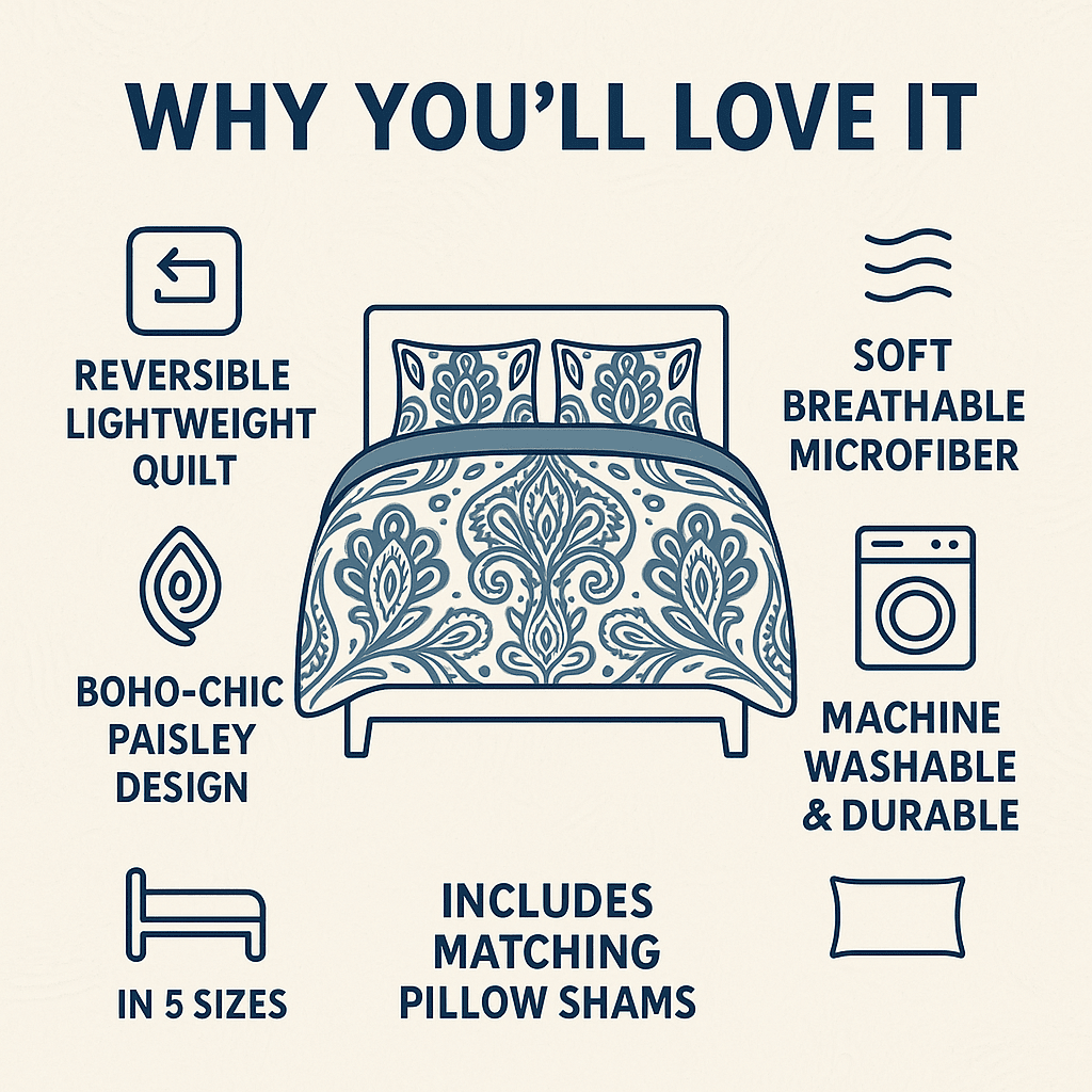 DaDa Bedding Bohemian Summertime White Blue Floral Paisley Bedspread Set (KSX-003)- DaDalogy Bedding Collection- {{Product type}}