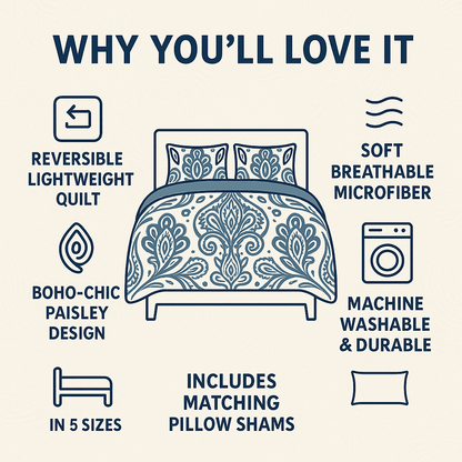 DaDa Bedding Bohemian Summertime White Blue Floral Paisley Bedspread Set (KSX-003)- DaDalogy Bedding Collection- {{Product type}}