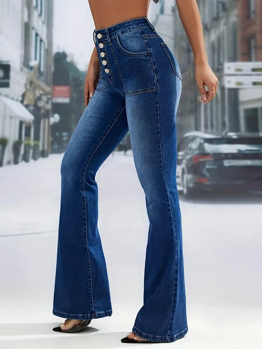 High Waisted Flared Denim Jeans with Button Pockets - Kia Day Design