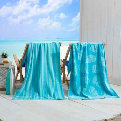 Cotton Velour Beach Towel - Maui Collection - 2 Pack- 30" x 60" Turquoise Teal Shell & Stripe - Beach Towels