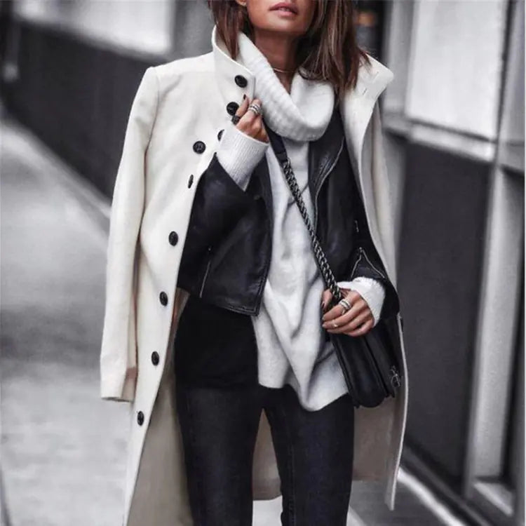 Winter Long Button Woolen Coat - Kia Day Design