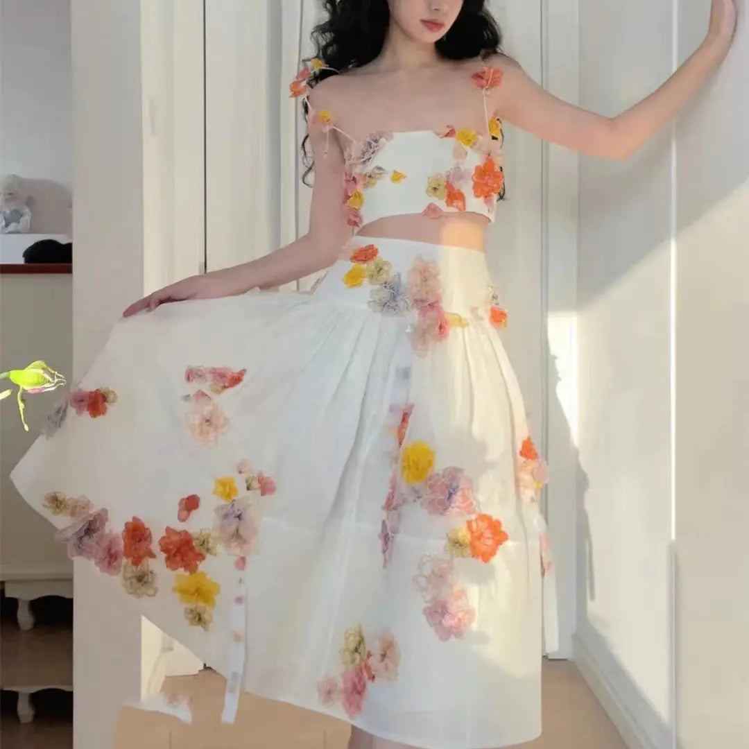 Strapless White Floral Two Piece Skirt Set - - skirt set