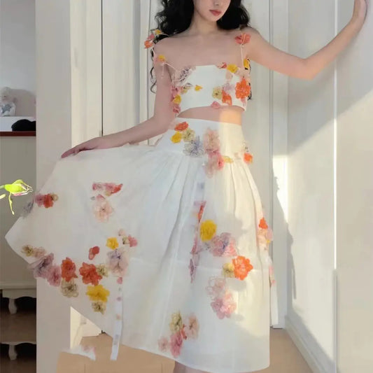 Strapless White Floral Two Piece Skirt Set - - skirt set