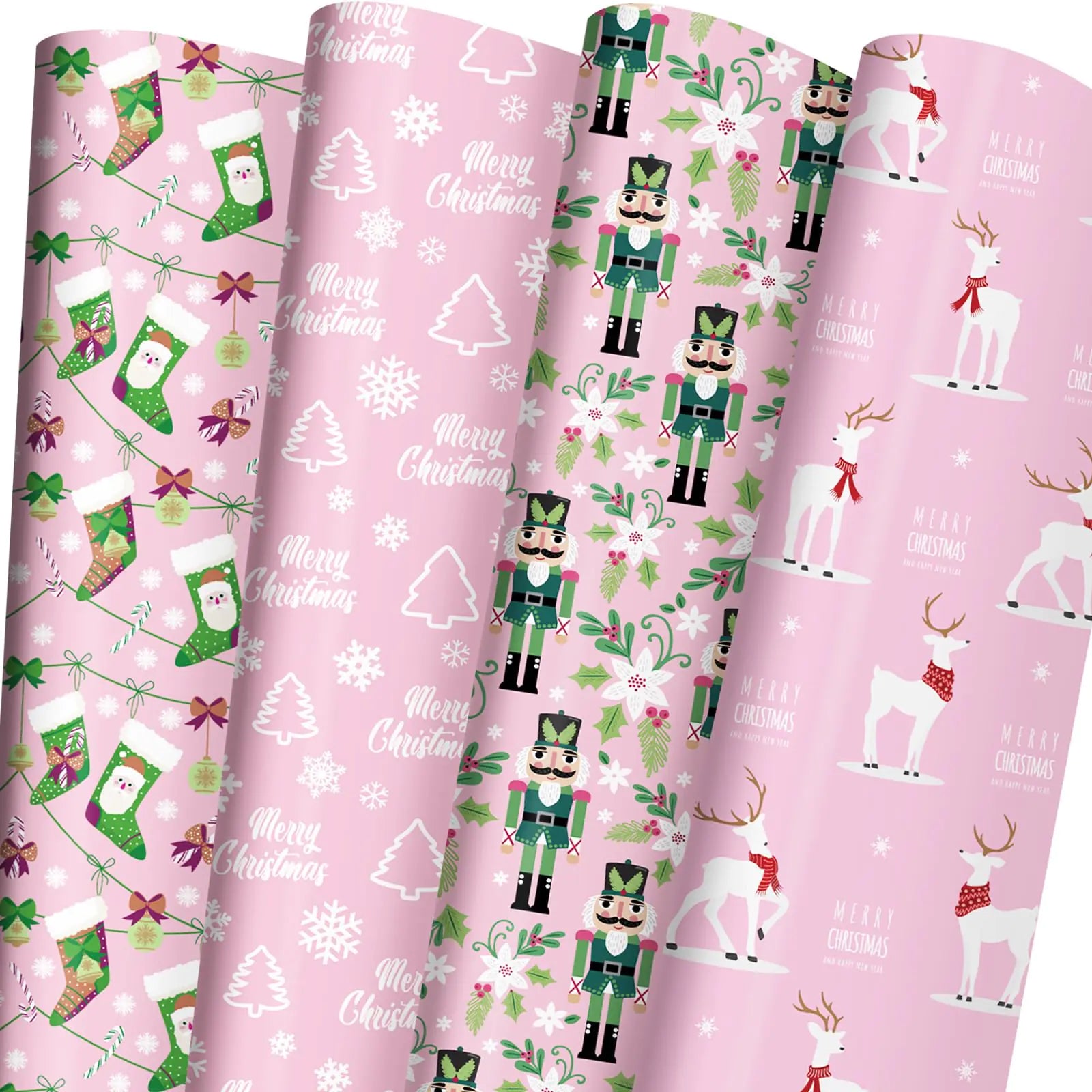 ZINTBIAL Pink Christmas Wrapping Paper for Kids Adults - Xmas Wrapping Paper with Nutcracker Stockings Reindeer Christmas Trees Designs - 28 x 40 Inches 6 Jumbo Sheets - Easy to Store Kia Day Design