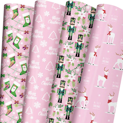 ZINTBIAL Pink Christmas Wrapping Paper for Kids Adults - Xmas Wrapping Paper with Nutcracker Stockings Reindeer Christmas Trees Designs - 28 x 40 Inches 6 Jumbo Sheets - Easy to Store Kia Day Design