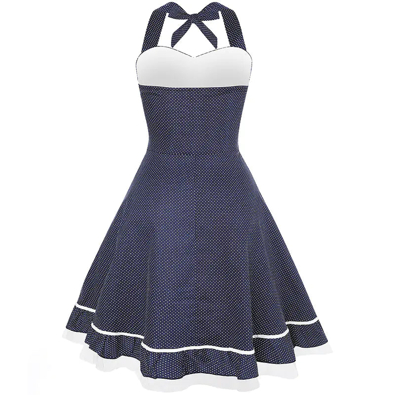 Womens Retro Polka Dot 50s Dress with Pleats - - dress