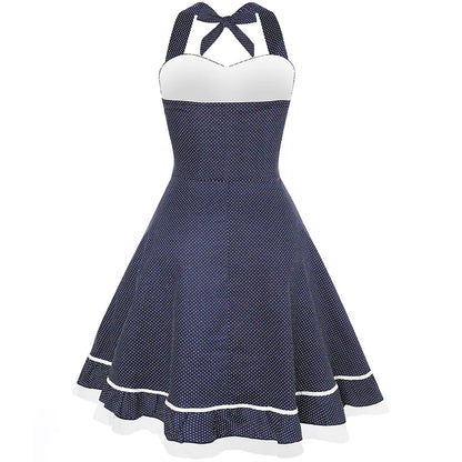 Womens Retro Polka Dot 50s Dress with Pleats - - dress