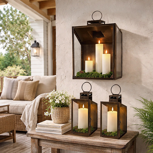 Rustic Bronze Tempered Glass Lanterns, Set of Three - -