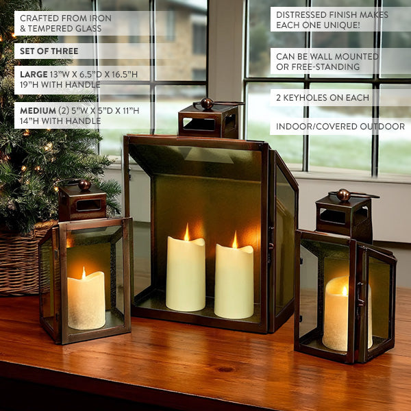 Rustic Bronze Tempered Glass Lanterns, Set of Three - -