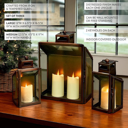 Rustic Bronze Tempered Glass Lanterns, Set of Three - -