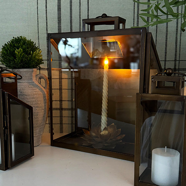 Rustic Bronze Tempered Glass Lanterns, Set of Three - -