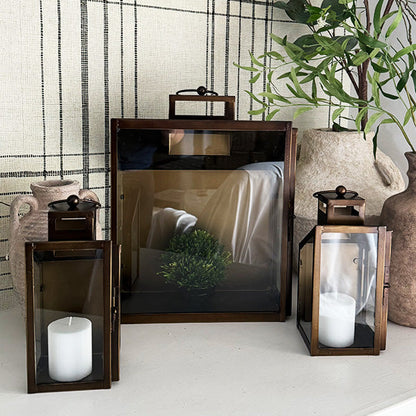 Rustic Bronze Tempered Glass Lanterns, Set of Three - -