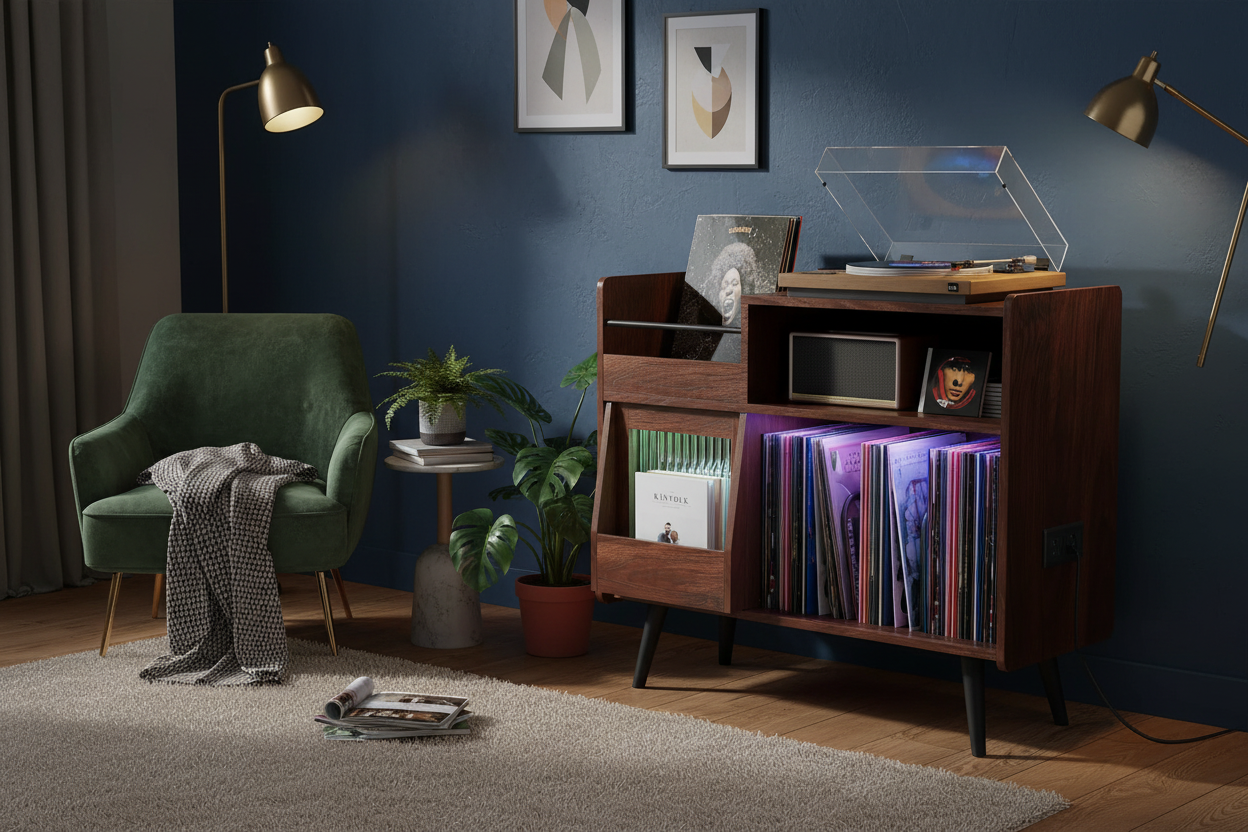 Large 350 Vinyl Record Player Stand with Power Outlet and LED Light - - cabinet