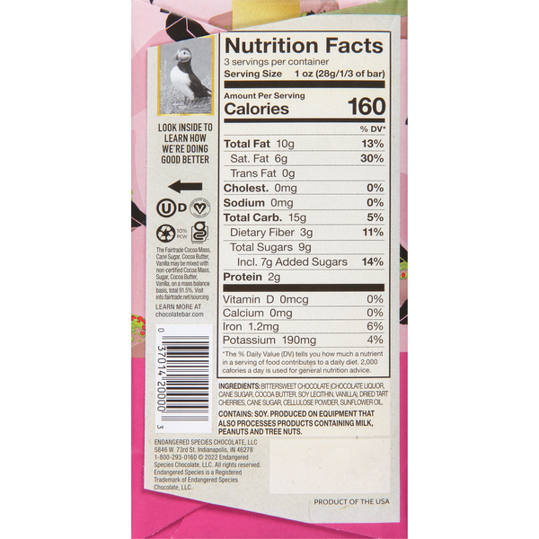 Endangered Species Dark Chocolate, Cherries, 72% Cocoa - - 0