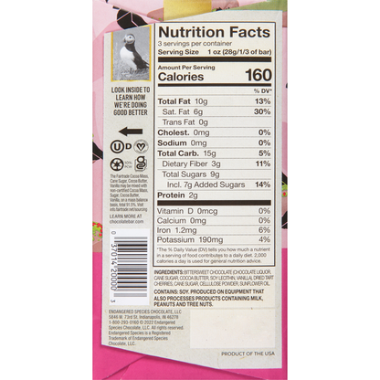 Endangered Species Dark Chocolate, Cherries, 72% Cocoa - - 0