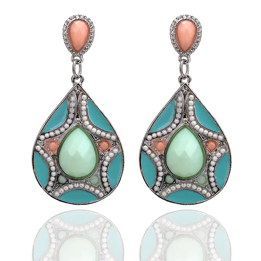 Resin Water Drop Earrings with Bead Patterns - Green - earrings
