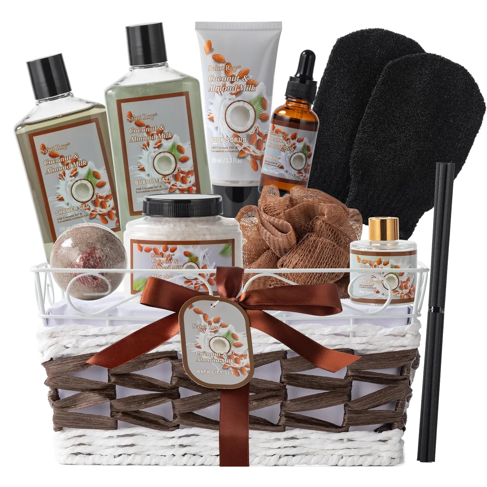 Bath and Body Gift Basket For Women and Men Spa Gift Basket Coconut Almond 16 Pcs Bath Scents for WomenBath Gift Set Includes Fragrant Lotion Home Spa Luxurious Bath Body Oil Diffuser & More Kia Day Design