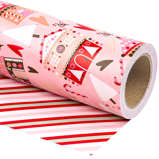 WRAPAHOLIC Reversible Striped Christmas House Wrapping Paper - - wrapping paper