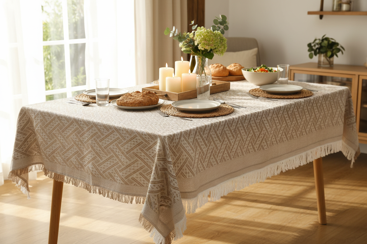 Light Beige Cotton Rectangle Tablecloth Linen Table Cover with Tassels - Light Coffee 51x91inch - table cloth