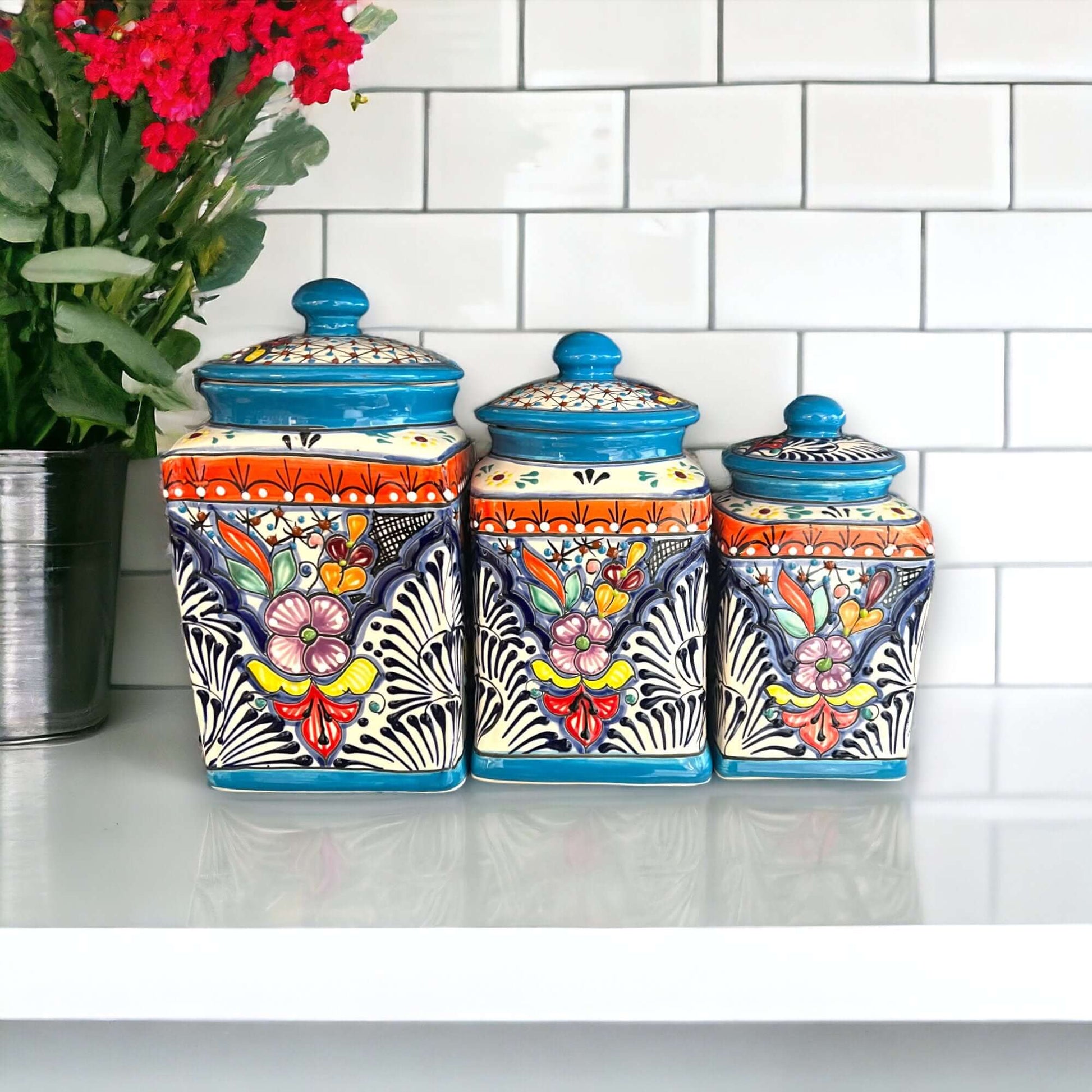 Set of 3 Light Blue Talavera Canister Set Mexican Pottery - - Talavera Canister Set