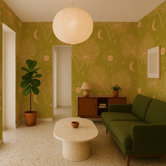 Night Palm Wallpaper Chartreuse and Peach - - Wallpaper