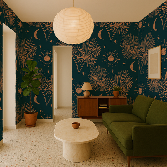 Night Palm Wallpaper Navy and Terra Cotta - - Wallpaper