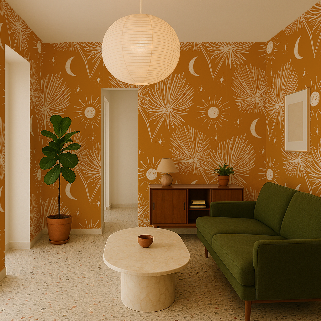 Night Palm Wallpaper, marigold and white- Samantha Santana Creative- {{Product type}}