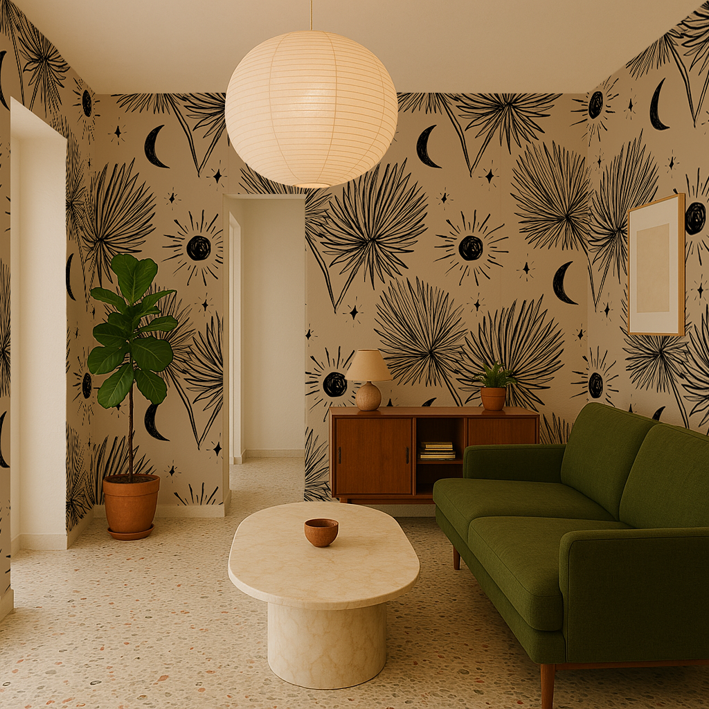 Night Palm Wallpaper, tan and black- Samantha Santana Creative- {{Product type}}