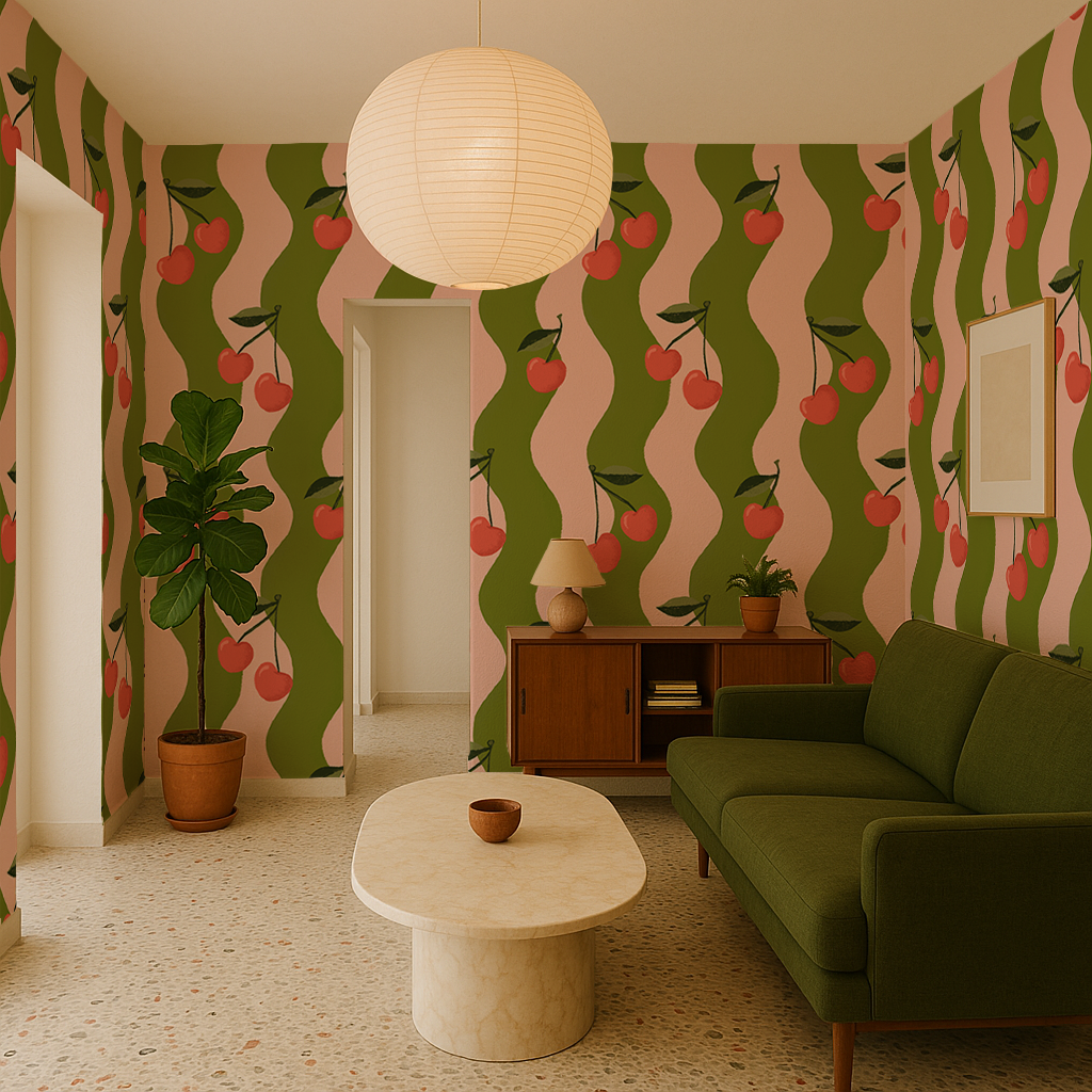 Wavy Cherry Wallpaper, pink and green- Samantha Santana Creative- {{Product type}}