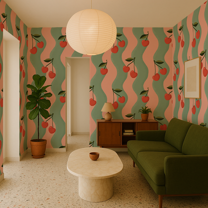 Wavy Cherry Wallpaper, pink and teal- Samantha Santana Creative- {{Product type}}